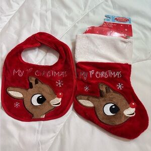 DanDee Rudolph The Red Nosed Reindeer My 1st Christmas 2 pc Set Bib Stocking
